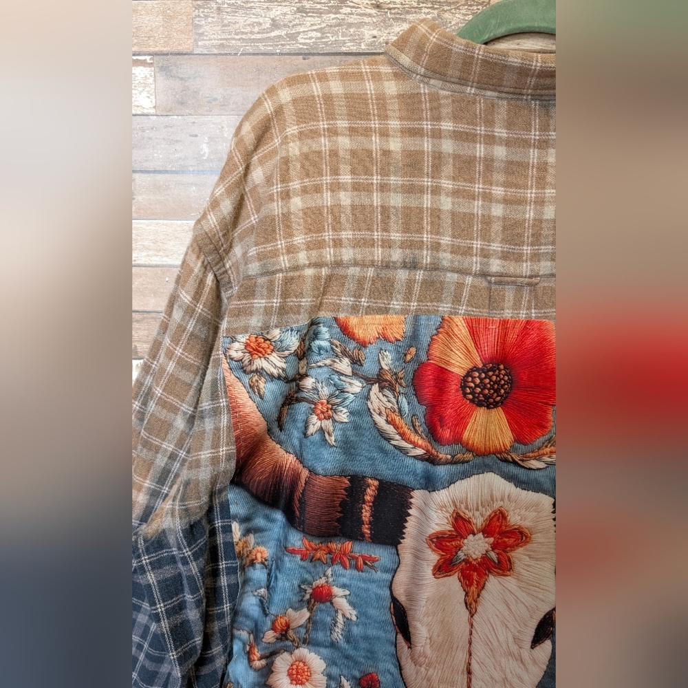 Bull Skull & Floral Design Upcycled Boho Western Dip Dye Bleach Flannel Shirt - Picture 3 of 15